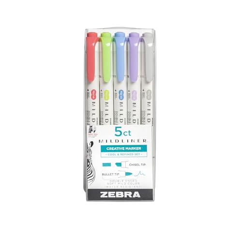 Zebra Pen Mildliner, Double Ended Highlighter, Broad and Fine Tips, Assorted Cool and Refined Colors, 5-Count