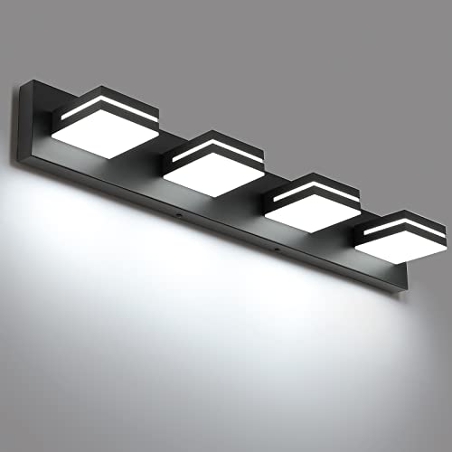 SineRise LED Modern Bathroom Vanity Light Fixtures (4-Light, 30-Inch), Matte Black Modern Acrylic Bathroom Wall Lighting Fixtures Over Mirror (Cool White 6000K)