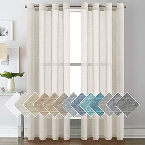 H.VERSAILTEX Natural Linen Sheer Curtains Flax Linen Blended Curtain Panels Living Room Sheer Curtains 84 inches Long 2 Panels, Nickel Grommet Semitransparent Semi-Sheer Soft Privacy Drapes, Natural