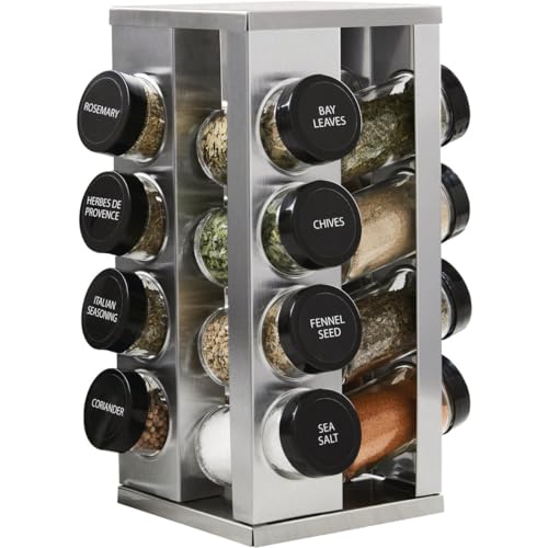 Kamenstein 16 Jar Heritage Revolving Countertop Spice Rack Organizer with Spices Included, FREE Spice Refills for 5 years, Brushed Stainless Steel with Black Caps