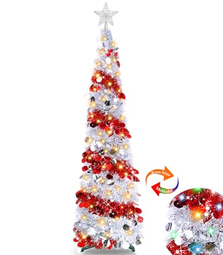 TURNMEON Dual Color Change&Timer 5 Ft Pop Up Christmas Tree, 8 Modes 50 Warm Lights&Colored Lights Star, Glitter Slim Tinsel Pencil Christmas Tree Battery Operated Xmas Tree Indoor Home(Silver Red)