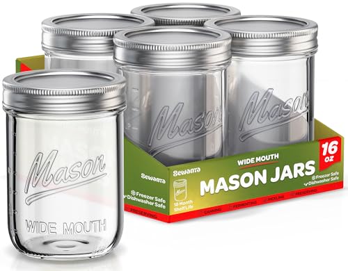 SEWANTA Wide Mouth Mason Jars 16 oz [5 Pack] With mason jar lids and Bands, mason jars 16 oz - For Canning, Fermenting, Pickling - Jar Décor - Microwave/Freeze/Dishwasher Safe.