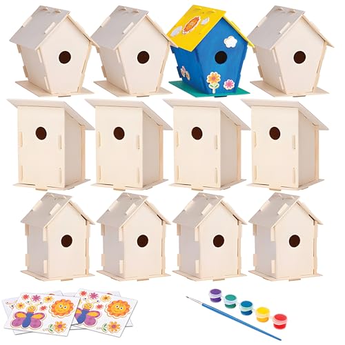 Neliblu 12 Wooden Birdhouses Kit, DIY Birdhouses for Kids and Adults, Painting Kit Party Favor with Color Paint, Brushes, Stickers, and Twine, Easy Assembly Wood Craft Sets in 3 Unique Shapes