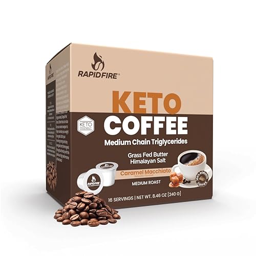 Rapidfire Caramel Macchiato Ketogenic High Performance Keto Coffee Pods, Supports Energy & Metabolism, Weight Loss Diet, Single Serve K Cup, Brown, 16 Count (Packaging May Vary)