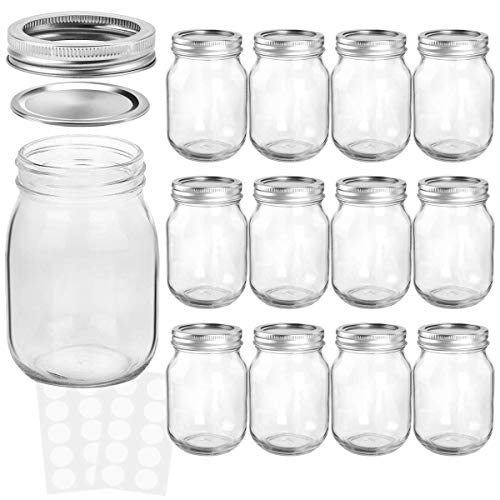 KAMOTA Mason Jars 16 OZ With Regular Lids and Bands, Ideal for Meal Prep, Jam, Honey, Wedding Favors, Shower Favors, Baby Foods, DIY Spice Jars, 12 PACK, 20 Whiteboard Labels Included