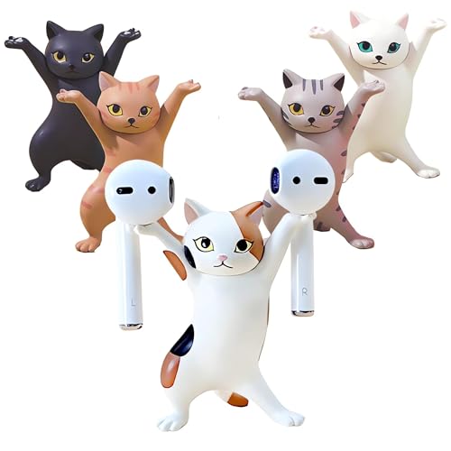 5PCS Cat Pen Holder,Cat Airpod Holder Stand,Anime Raising Hands Dancing Cat Model Cat Desk Decor Funny Office Decor Funny Office Desk Decor for Women Girls