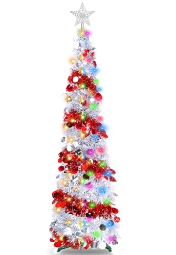 TURNMEON 5 Ft Pop Up Christmas Tree with Timer 8 Modes 50 Warm Lights&Multicolor Changing Light Star, Glitter Slim Tinsel Pencil Christmas Tree Battery Operated Xmas Tree Indoor Home Decor(Silver Red)