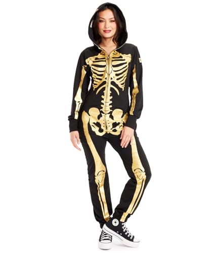 Tipsy Elves Halloween Skeleton Costume for Women - Comfy Easy Adult Onesie Jumpsuit - Front and Back Print with Zip Up Mask - Women's Gold Skeleton Jumpsuit Halloween Costume Size X-Small