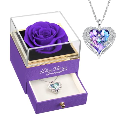 NEWNOVE Preserved Real Purple Rose with Angle Wings Necklace, Anniversary Birthday Gifts for Women, Wife Girlfriend Mom Gift Ideas for Christmas Mother's Day Valentine's Day, I Love You Gifts for Her