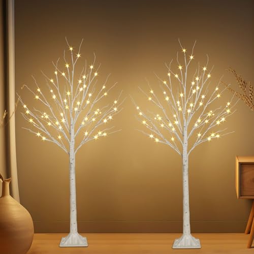 Albelt 4FT Lighted Birch Christmas Trees, 48 LEDs, Timer - For Indoor & Outdoor Decor