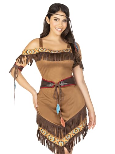 Leg Avenue Womens - 4 Piece Native Princess Dress Set Sexy Fringe Off the Shoulder Dress and Headband Halloween Adult Sized Costumes, Brown, Medium Large US