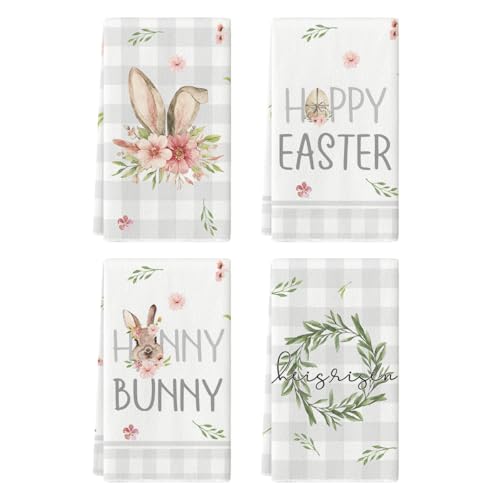 Artoid Mode Easter Rabbit Eggs Kitchen Dish Towels, 18 x 26 Inch Seasonal Spring Tulip Flower Wreath Ultra Absorbent Drying Cloth Tea Towels for Cooking Baking Set of 4