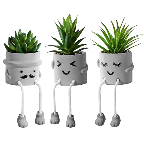 Zerzsy 3pcs Creative Artificial Succulents with Gray Flower Pots, Mini Potted Succulents for Home Office Desk Decor and Gift Choice