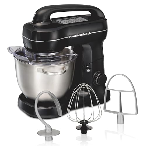 Hamilton Beach Electric Stand Mixer, 4 Quarts, Dough Hook, Flat Beater Attachments, Splash Guard 7 Speeds with Whisk, Black with Top Handle