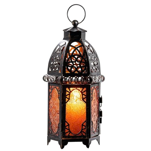 DECORKEY Vintage Large Size Decorative Moroccan Candle Lantern, 12.8’’ Metal Hanging&Tabletop Lantern Candle Holder Decor, Halloween Christmas Ramadan Decorations for Home Indoor Outdoor Patio (Amber)