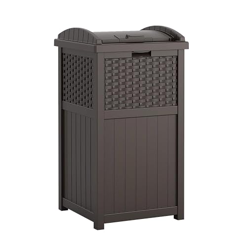 Suncast 33 Gallon Outdoor Trashcan Hideaway with Lid for 30 to 33 Gallon Trash Bags for Garage, Backyard, or Garden, Brown