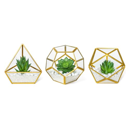 Mkono Artificial Succulent in 3 Pack Mini Glass Geometric Terrarium, Miniature Potted Faux Plant Bookshelf Desk Boho Office Room Decor for Women Girls Dorm Gift Idea, Gold