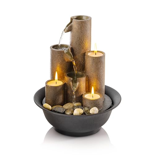 Alpine Corporation WCT202 Indoor Tabletop Tiered Water Fountain Featuring 3 Candles for Desktop and Table, 11', Brown