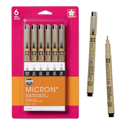 SAKURA Pigma Micron Fineliner Pens - Archival Black Ink Pens - Pens for Writing or Drawing - Holiday Gifts for Artists, Crafters & DIY Gifts Projects - Assorted Point Sizes - 6 Pack