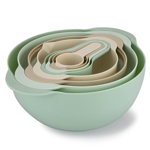 COOK WITH COLOR 8 Piece Nesting Bowls with Measuring Cups Colander and Sifter Set - Includes 2 Mixing Bowls, 1 Colander, 1 Sifter and 4 Measuring Cups, polypropylene, Mint Green