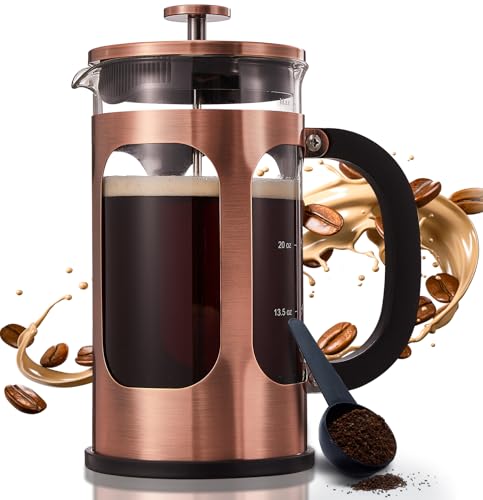 BAYKA 34 Ounce 1 Liter French Press Coffee Maker, Heat Resistant Thickened Borosilicate Glass Stainless Steel Coffee Press, Cold Brew Coffee Pot Tea Press for Kitchen Travel Camping, Copper