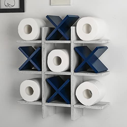 Weysat Tic Tac Toe Toilet Paper Holder Stand Toilet Paper Storage Bathroom Decor Rustic Wooden Hanging Storage Freestanding Wall Mounted Shelves Decor for Toilet Tissue Farmhouse(Retro White, Blue)