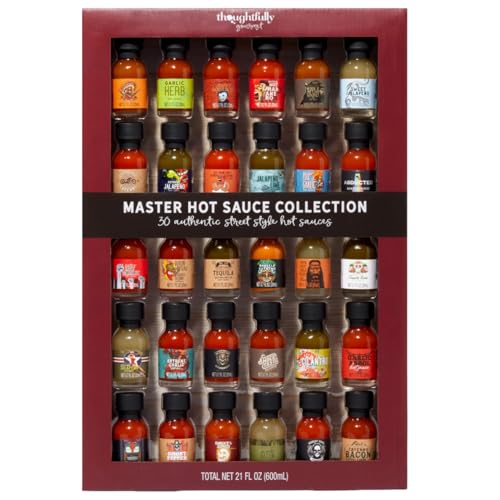 Thoughtfully Gourmet, Master Hot Sauce Collection Sampler Set, Flavors Include Garlic Herb, Apple Whiskey and More, Gift Set of 30