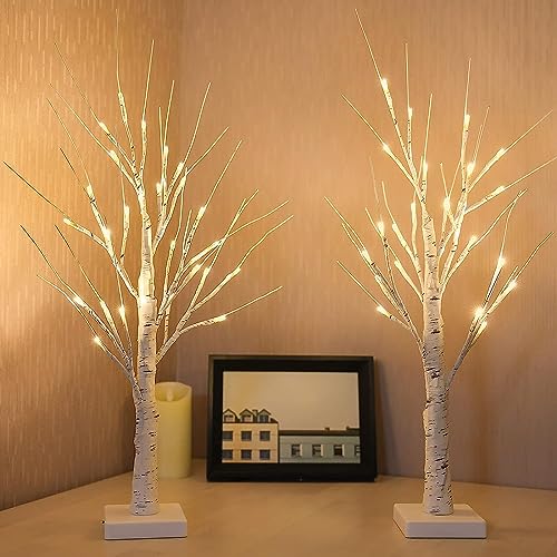 2-Pack 2FT Lighted Birch Tree for Fall Decorations with Timer, Easter Tree Prelit Fall Decor Birch Tree with 48 LED Warm White Lights, Artificial Tree Light for Indoor Harvest Halloween Home Decor