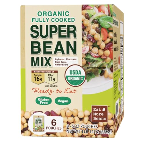 【Eat More Beans】Organic Fully Cooked Super Bean Mix, steamed bean, healthy salad toppings, plant-based protein, vegan, organic, non-GMO, Edamame, Chickpeas, Black Beans, Kidney Beans (5oz, 6packs)