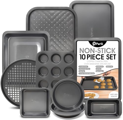 Perlli Baking Pan 10 Piece Set Nonstick Carbon Steel Gray Oven Bakeware Kitchen Set, 2 Cookie Sheets, 2 Round Cake Pans, Square Pan, Roasting Pan, Loaf Pan, Crisp Pan, Pizza Crisper, & Muffin Pan