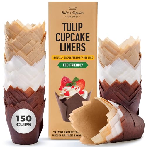 Tulip Cupcake Liners, Muffin Liners for Baking by Baker’s Signature – 150pcs of Parchment Paper Cups Cupcake Wrappers – Perfect Size, Sturdy, Greaseproof & Easy to Use – Beige White Brown