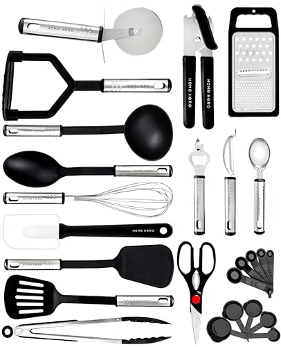 Home Hero Silicone Spatula Kitchen Utensils Set - Stainless Steel & Nylon Cooking Utensils Set - BPA Free Spatulas Silicone Heat Resistant Kitchen Gadgets Kitchen Essentials (25 Pcs - Black)