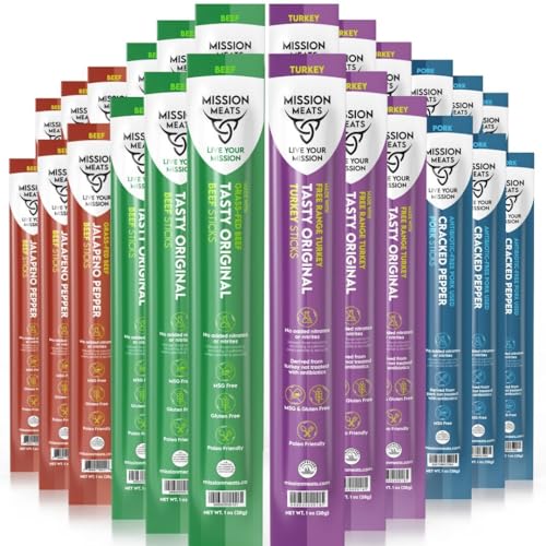 Mission Meats Meat Sticks – Variety Pack (Beef, Pork, Turkey) – Clean Ingredients, Nitrate Nitrite Free, Gluten Free, MSG Free, Paleo Meat Sticks, Made in USA, 1oz (Pack of 24)