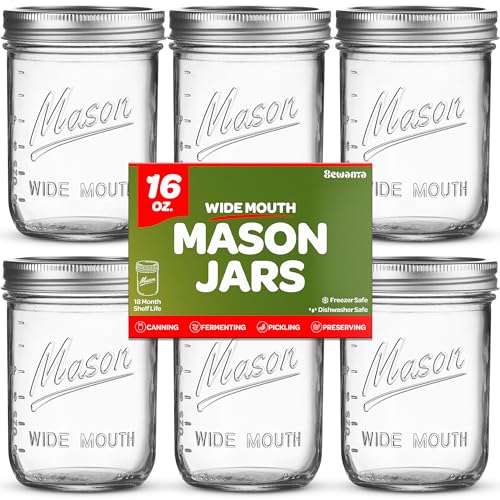 SEWANTA Wide Mouth Mason Jars 16 oz [5 Pack] With mason jar lids and Bands, mason jars 16 oz - For Canning, Fermenting, Pickling - Jar Décor - Microwave/Freeze/Dishwasher Safe.