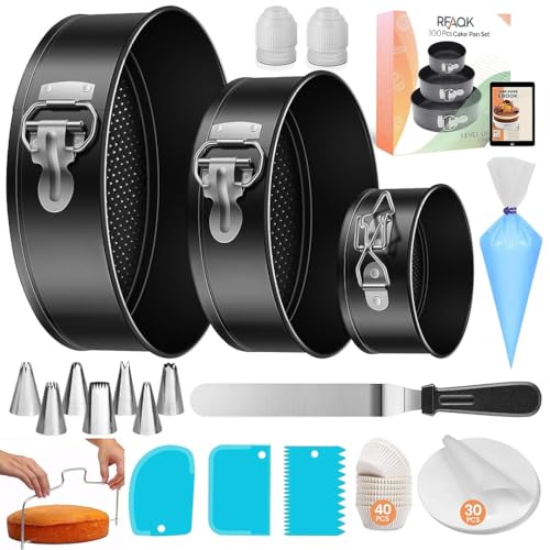 RFAQK 100PCs Cake Pan Sets for Baking + Cake Decorating Kit: 3 Non-Stick Springform Pans Set (4, 7, 9 inches), Piping Tips, Cake Leveler – Multi-functional Leak-Proof CheeseCake Pan & eBook