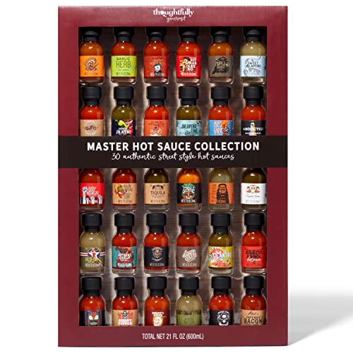 Thoughtfully Gourmet, Master Hot Sauce Collection Sampler Set, Flavors Include Garlic Herb, Apple Whiskey and More, Gift Set of 30