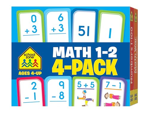 School Zone Math 1-2 Flash Card 4-Pack: 224 Math Flash Cards, 1st Grade, 2nd Grade, Addition & Subtraction 0-12, Numbers 1-100, Math War, Numbers, Counting, Improve Speed and Retention, and More