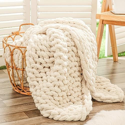 Bigacogo Chunky Knit Blanket Throw 40'x60', 100% Hand Knitted Chenille Throw Blanket, Soft Thick Yarn Cable Knit Blanket, Cute Rope Knot Crochet Throw Blankets for Couch Bed Sofa (Beige)