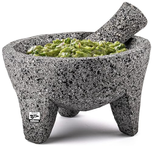 Genuine Handmade Mexican Mortar and Pestle, Molcajete Mexicano de Piedra Natural Volcanica, Heavy Stone & Durable, Perfect for Homemade Salsas, Guacamole, and Other Dishes | Made in Mexico (8 Inches)