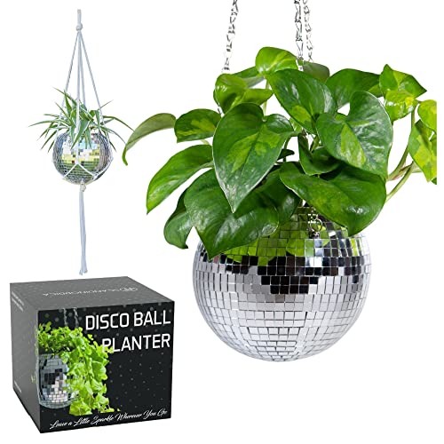 SCANDINORDICA Disco Ball Planter – Value Package: Mirror Disco Planter with Chain, Macrame Hanger and Acrylic Stand for Desk, Includes Self Watering Insert, Disco Ball Decor | 6 inch Silver