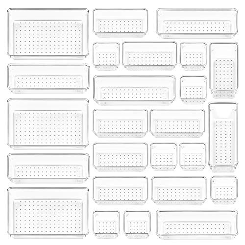 Vtopmart 25 PCS Clear Plastic Drawer Organizers Set, 4-Size Versatile Bathroom and Vanity Drawer Organizer Trays, Storage Bins for Makeup, Bedroom, Kitchen Gadgets Utensils and Office