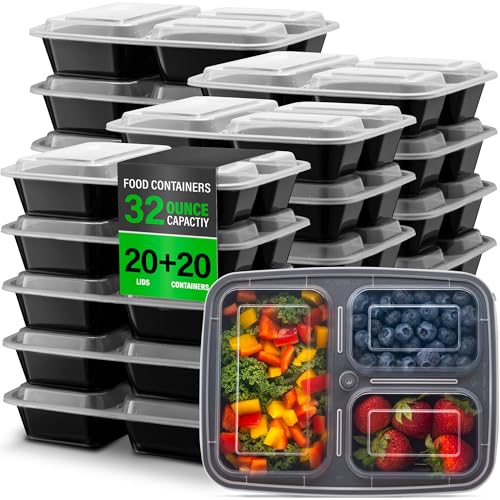 Ez Prepa [20 Pack] 32oz 3 Compartment Meal Prep Containers with Lids - Bento Box - Plastic - Stackable, Reusable, Microwaveable & Dishwasher Safe