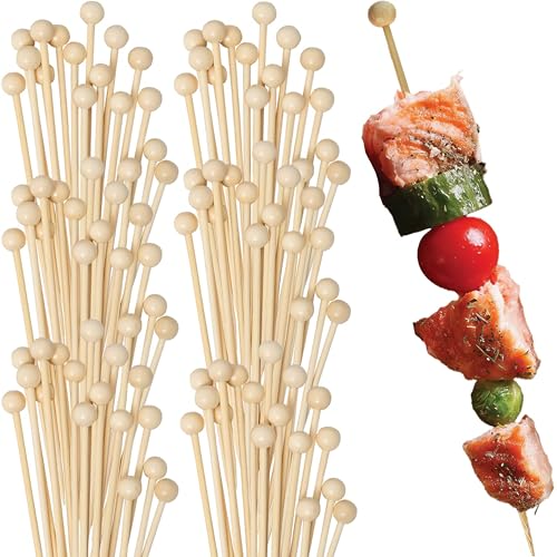 Eco-friendly Natural Wooden Ball Food Picks - 4.7' (Pack of 100) - Sustainable Skewers And Bamboo Picks for Fruits, Appetizers, & Cocktails For Parties, Casual Dining & More