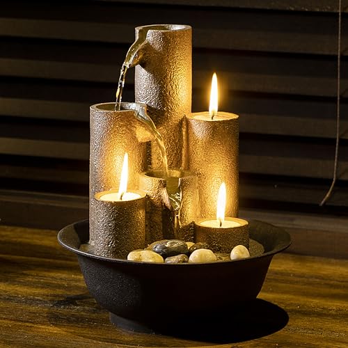 Alpine Corporation WCT202 Indoor Tabletop Tiered Water Fountain Featuring 3 Candles for Desktop and Table, 11', Brown