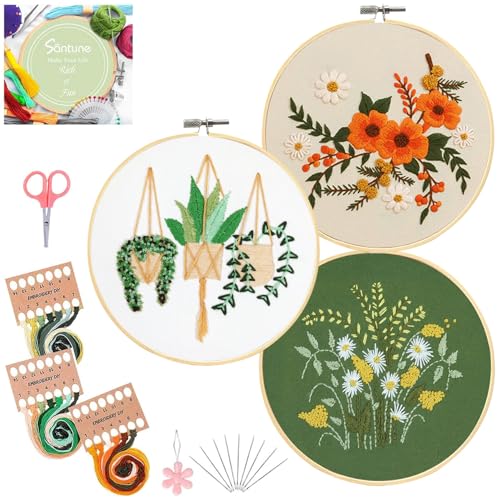 Santune 3 Sets Embroidery Kit for Beginners Needlepoint Cross Stitch Kits for Adults,Stitch Learning DIY Kit with Easy Instruction Video,Stamped Floral Embroidery Patterns,Hoop,Threads,Sewing Hobby