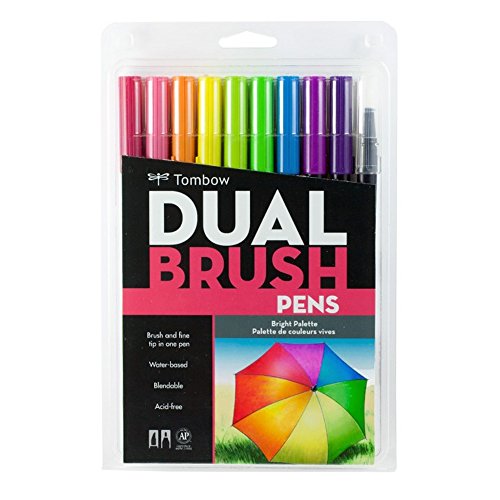 Tombow 56185 Dual Brush Pen Art Markers, Bright, 10-Pack. Blendable, Brush and Fine Tip Markers