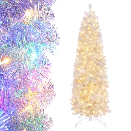 Decoway Pre-lit Pencil Christmas Tree 6ft Artificial Silver Tinsel Xmas Tree with Metal Stand