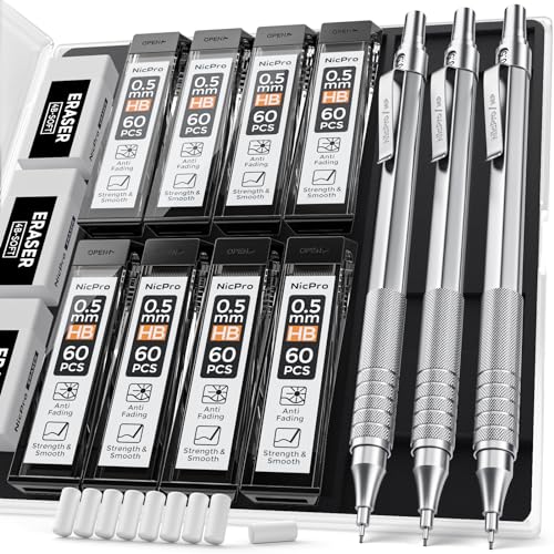 Nicpro 0.5 Mechanical Pencil Set with Case, 3PCS MP1000 Metal Artist Pencil & 8 Tube HB Lead Refills 0.5mm, 3 Erasers,9 Eraser Refills For Architect Writing Drafting, Drawing, Engineering, Sketching