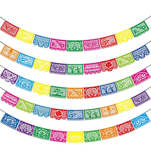 5 PCS Mexican Party Banners, Fiesta Party Decoration, Dia De Los Muertos Ofrenda Decoration Day of The Dead Decor, Cinco De Mayo Plastic Papel Picado, Mexico Birthday Party Supplies, 12 Patterns/90 FT