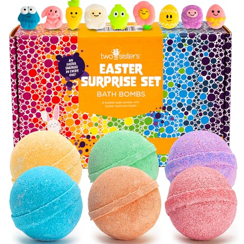 Easter Bath Bombs for Kids with Surprise Toys Inside (6 Pack) - Kids Easter Basket Stuffers, Releases Color & Bubbles, Won’t Stain Tub, Moisturizing, Large Bath Bombs for Girls & Boys by Two Sisters